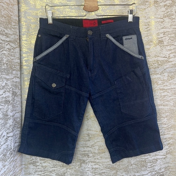 Point Zero Sweat Jeans Stretch Dark Blue Wash Cargo Shorts Size 30 - Picture 3 of 16